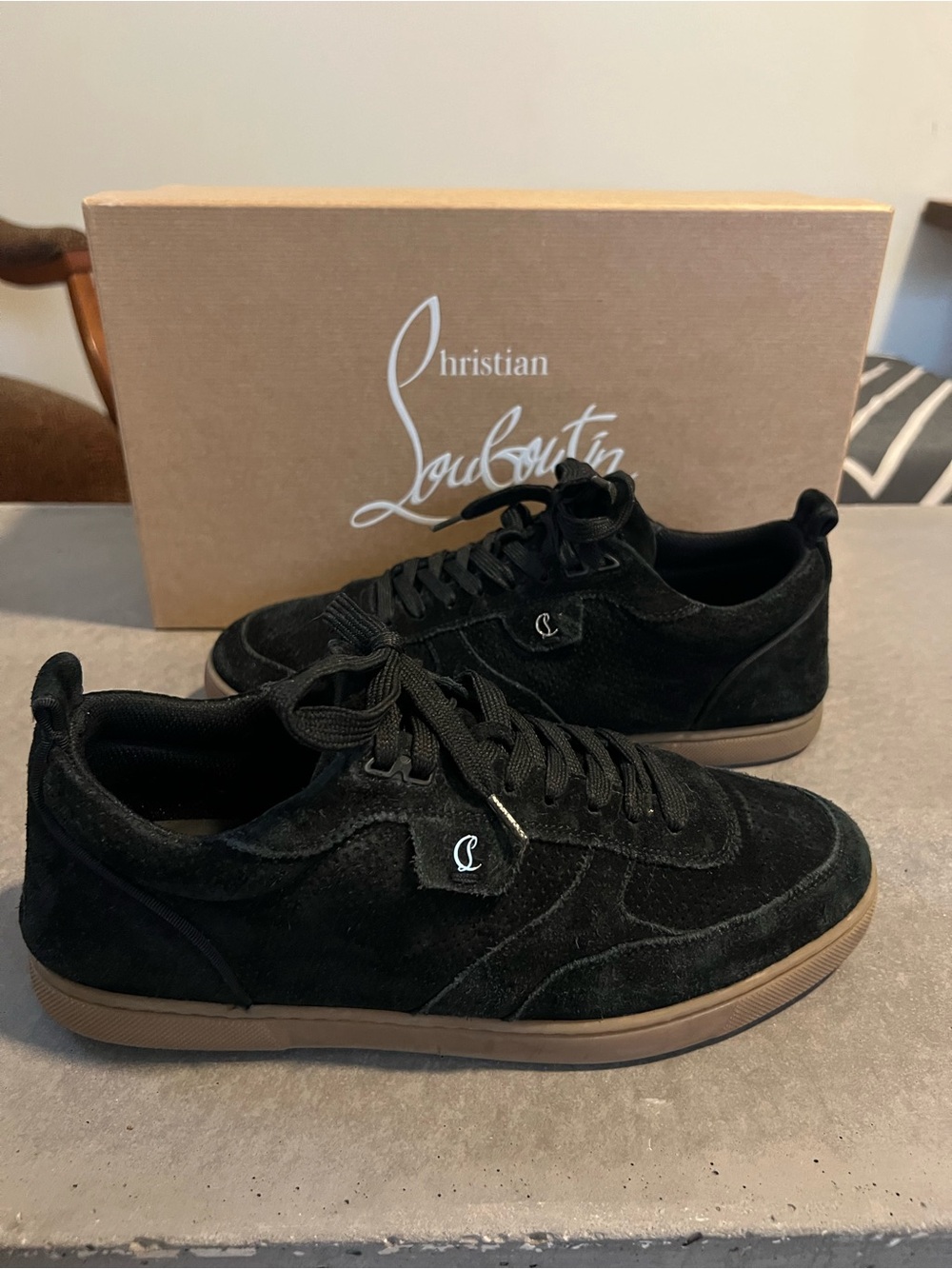 Christian Louboutin Black Suede Low-Top Sneakers with Brown Gum Sole